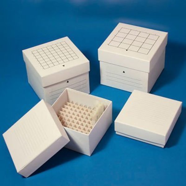 Globe Scientific Freezing Box, 3in, Cardboard, 64-Place 8x8 format, fits 3mL, 4mL and 5mL vials, White, 48/Pack 3094